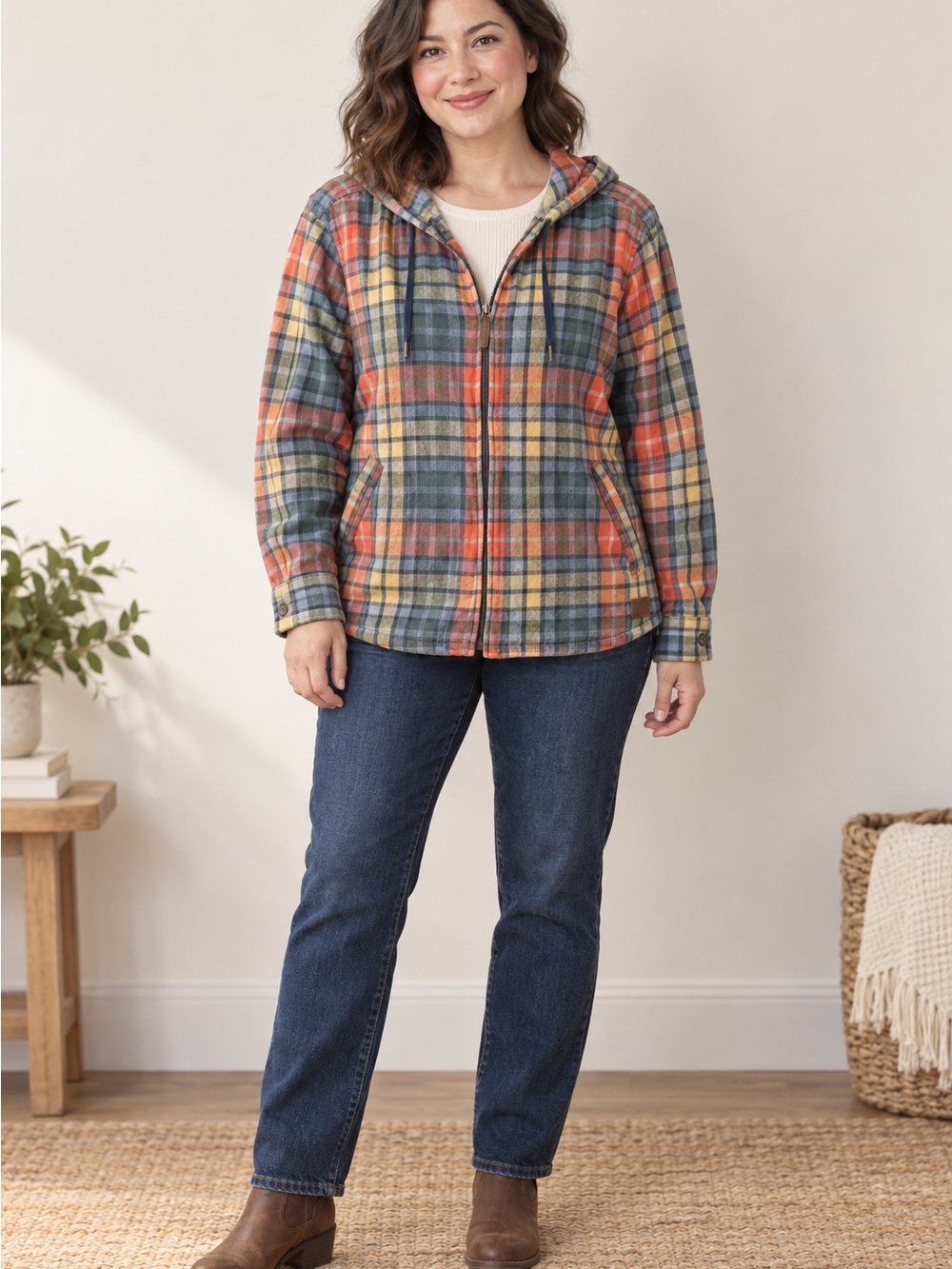 L.L.Bean XL Petite Plaid Hooded Zip Flannel Shacket